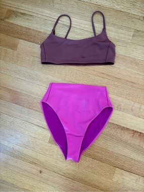 Left On Friday Two-Piece Bikini Set in Mauve Top and Bright Pink Bottom